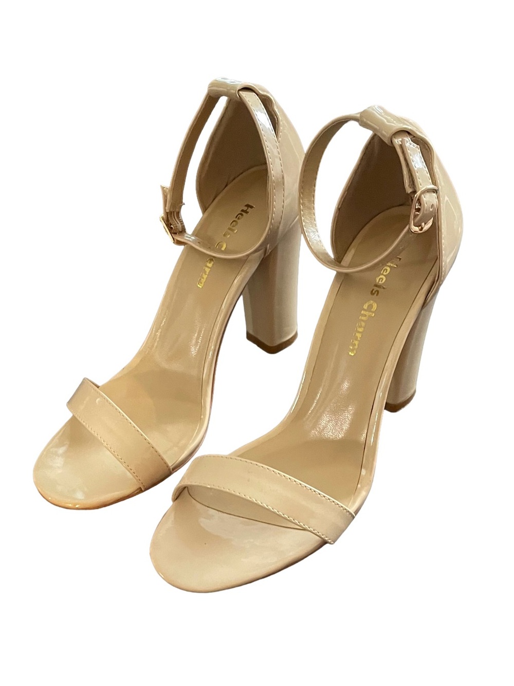 Patent Ankle-Strap Block Heel Sandals in Nude